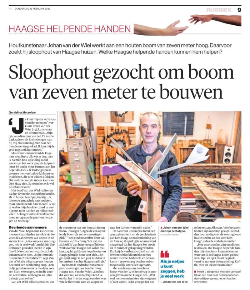 Crowdfunding voor 7 meter Hoge Boom van Sloophout! Voor de tentoonstelling 450 jaar bescherming van het Haagse Bos door de Akte van Redemptie van 7 april t/m 1 mei 2026 | Stichting Bos dat van zichzelf is