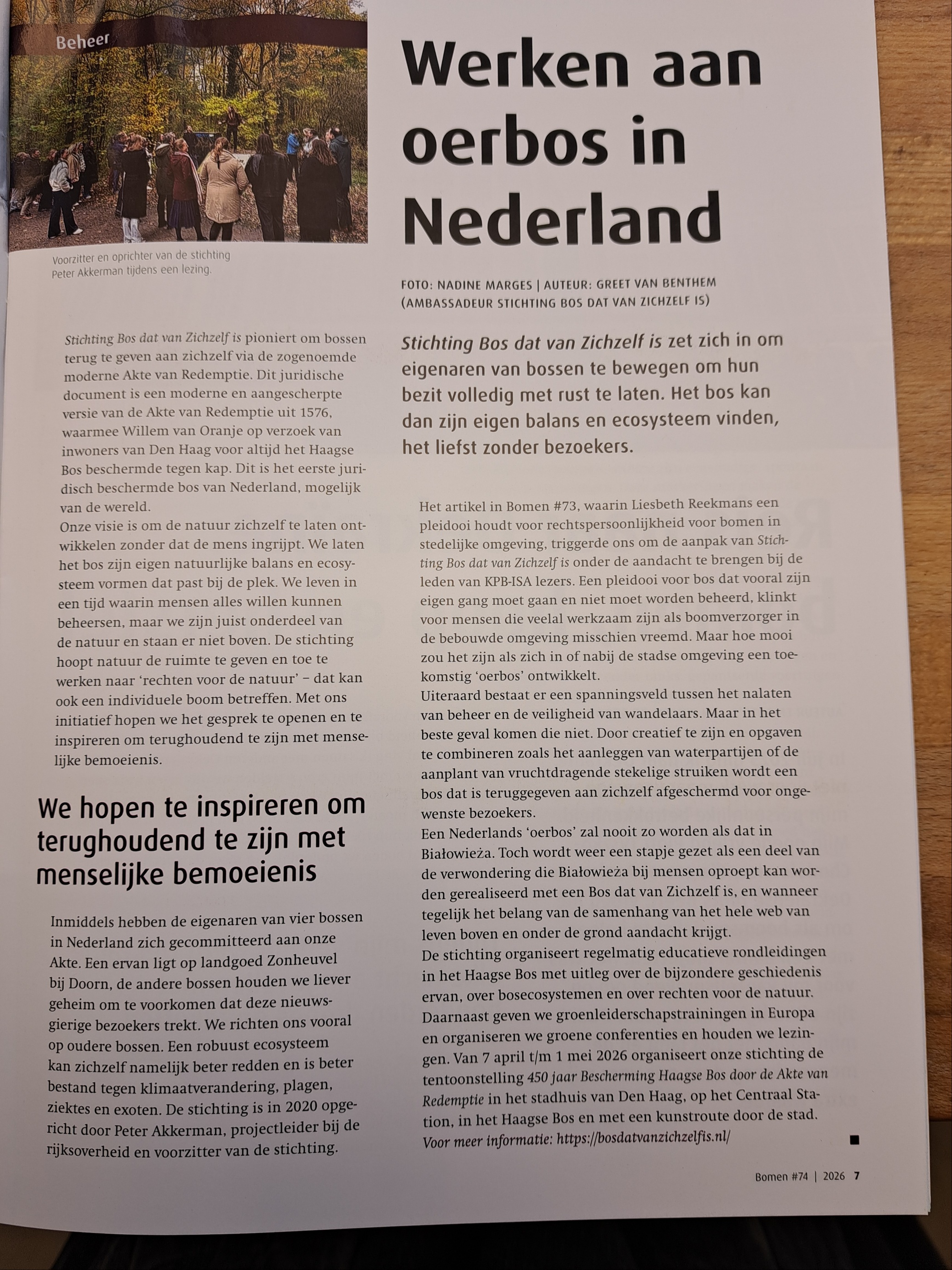 Artikel in het Vakblad "Bomen", waarin de Oproep voor meer Bossen (of een Boom) die van Zichzelf mogen zijn! | Stichting Bos dat van zichzelf is