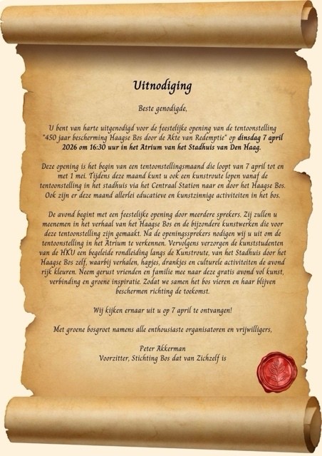Uitnodiging: wees welkom bij de gratis Tentoonstelling 450 jaar bescherming van het Haagse Bos door de Akte van Redemptie | Stichting Bos dat van zichzelf is